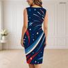Women Plus Size V Neck Sleeveless Dark Blue Printed Bodycon Midi Dress
