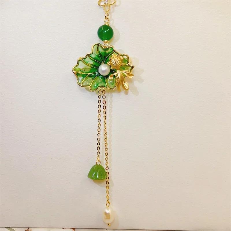 Prachtig Lotusblad Parel Prachtige Goudvis Kwast Fris Groen Lange Hanger Natuurlijk Hotan Jade Broches Vrouwen Hanfu Sieraden