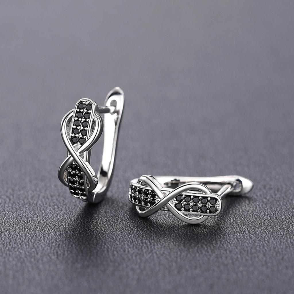 Infinity Design Huggie Hoop Earrings for Women with Black Stone Accents Silver Tone Earrings for Daily and Night Out