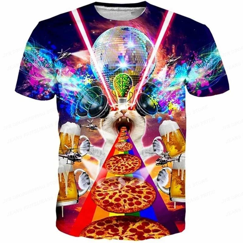 3D Printed Funny Cat T Shirt For Men Animal Food Pattern Tees Summer Street Oversize Short Sleeve Tops Loose Round Neck T-Shirts S