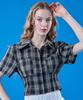 KOLEAT Summer Resort Check Cooling Slim Crop Short Sleeve Shirt [Black]