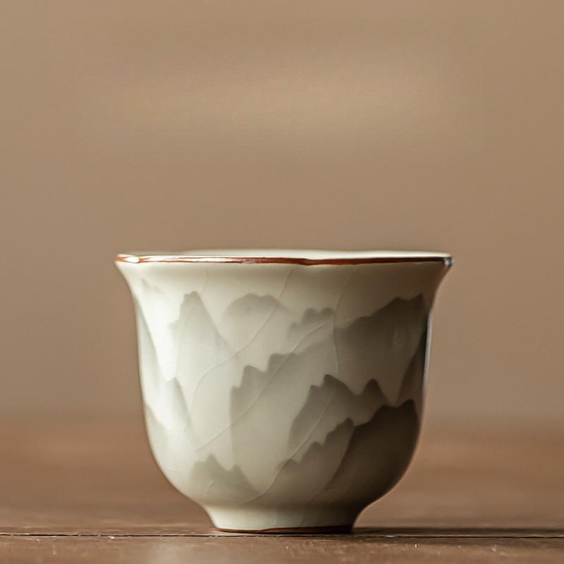 

55 мл Ретро Ру Глазурь Керамическая Чайная Чашка с Цветочным Краем Маленькая Пейзажная Одиночная Мастер-Чашка Дегустационная Пиала Чашки Набор для Чая Кунг-Фу Чайная Посуда