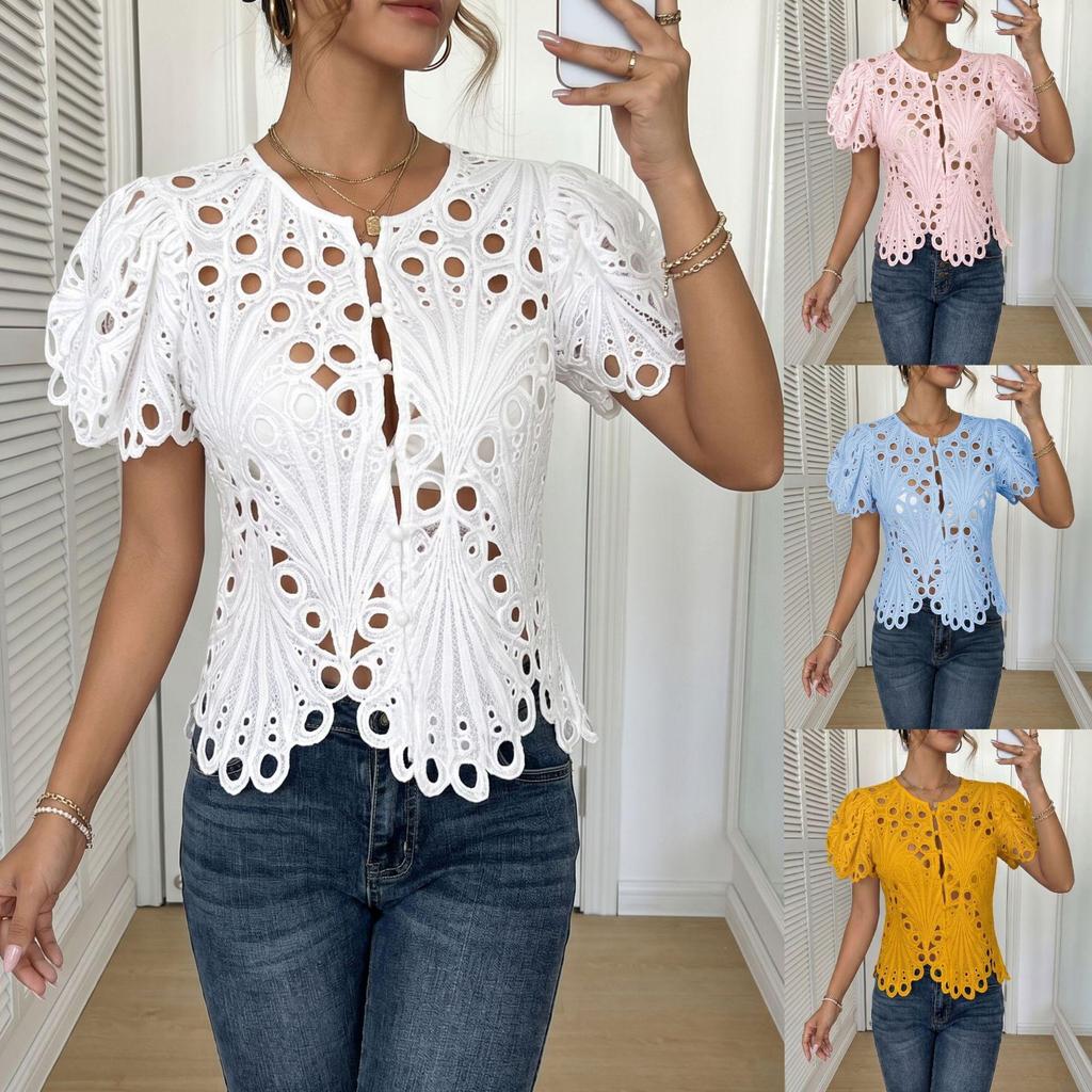 Women's Crochet Lace Short Sleeve Blouse Hollow Out Scalloped Casual Summer Top