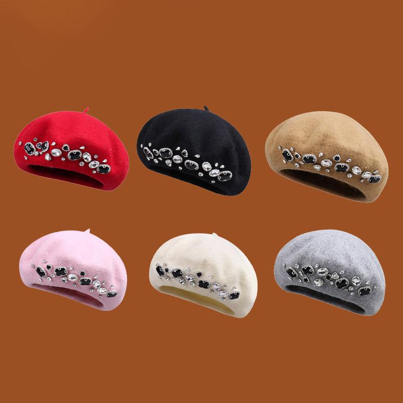 Autumn And Winter Artistic Solid Color Diamond Inlaid Fashionable Wool Beret Women's Outdoor Fashionable Versatile Painter Hats