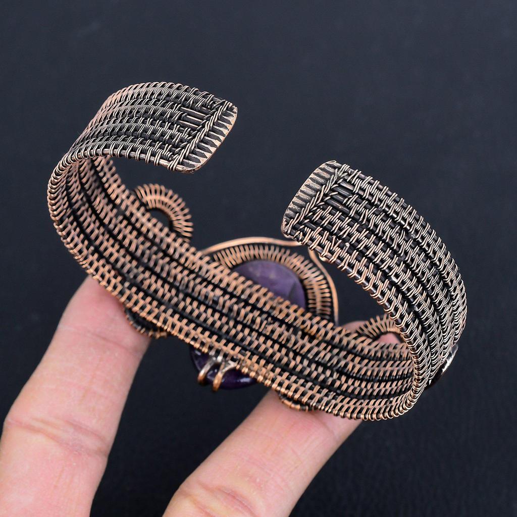 Amethyst Cuff Bracelet Real Gemstone Bangle, 999 Copper Wire Wrapped Bracelet Handmade Jewelry, Adjustable Bangle For Gift Women Jewelry