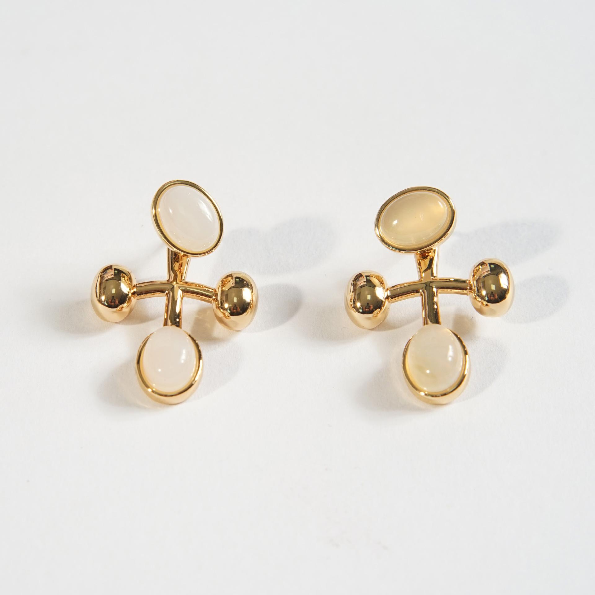 

New products Ice-through white agate natural stone stud earrings plated with K real gold vacation style accessories S silver needle earrings