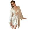 Women's Silky Satin Heart Sheer Mesh Low Cut Push Up Padded Cutout Backless Sleep Dress with Robe