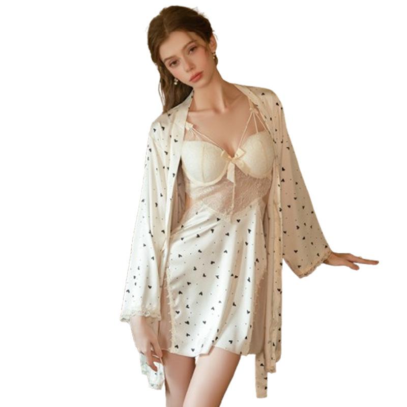 Women's Silky Satin Heart Sheer Mesh Low Cut Push Up Padded Cutout Backless Sleep Dress with Robe