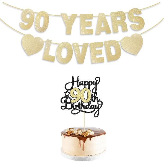 90th Birthday Decorations for Men Women, Gold Glitter 90th Birthday Banner with Cake Topper 90 Years Loved Banner 90 B-DAY Party Decorations