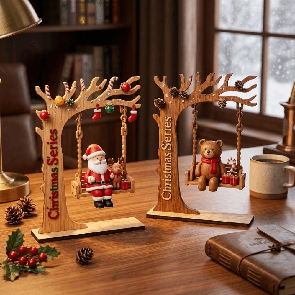 Wooden Craft Christmas Swing Ornament 2D Flat Tabletop Decoration Swingable Figure Holiday Gift
