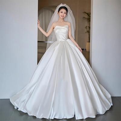 Top de tubo satén vestido de novia ligero nuevo nupcial alta calidad texturizado francés retro vestido pequeño para salir hilo