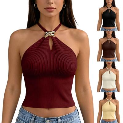 Top Corto de Punto Acanalado sin Mangas para Mujer con Cuello Halter y Hebilla de Anillo Metálico Ajustado Elástico Casual de Verano