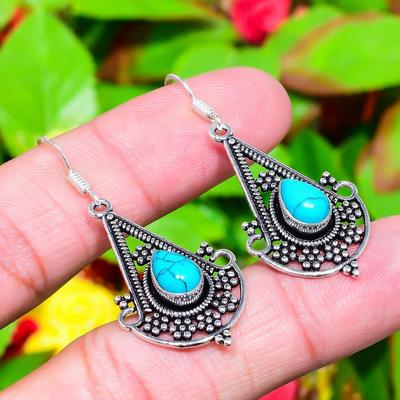 Natural Santa Rosa Turquoise Gemstone 925 Sterling Silver Earring 1.97" T7p75
