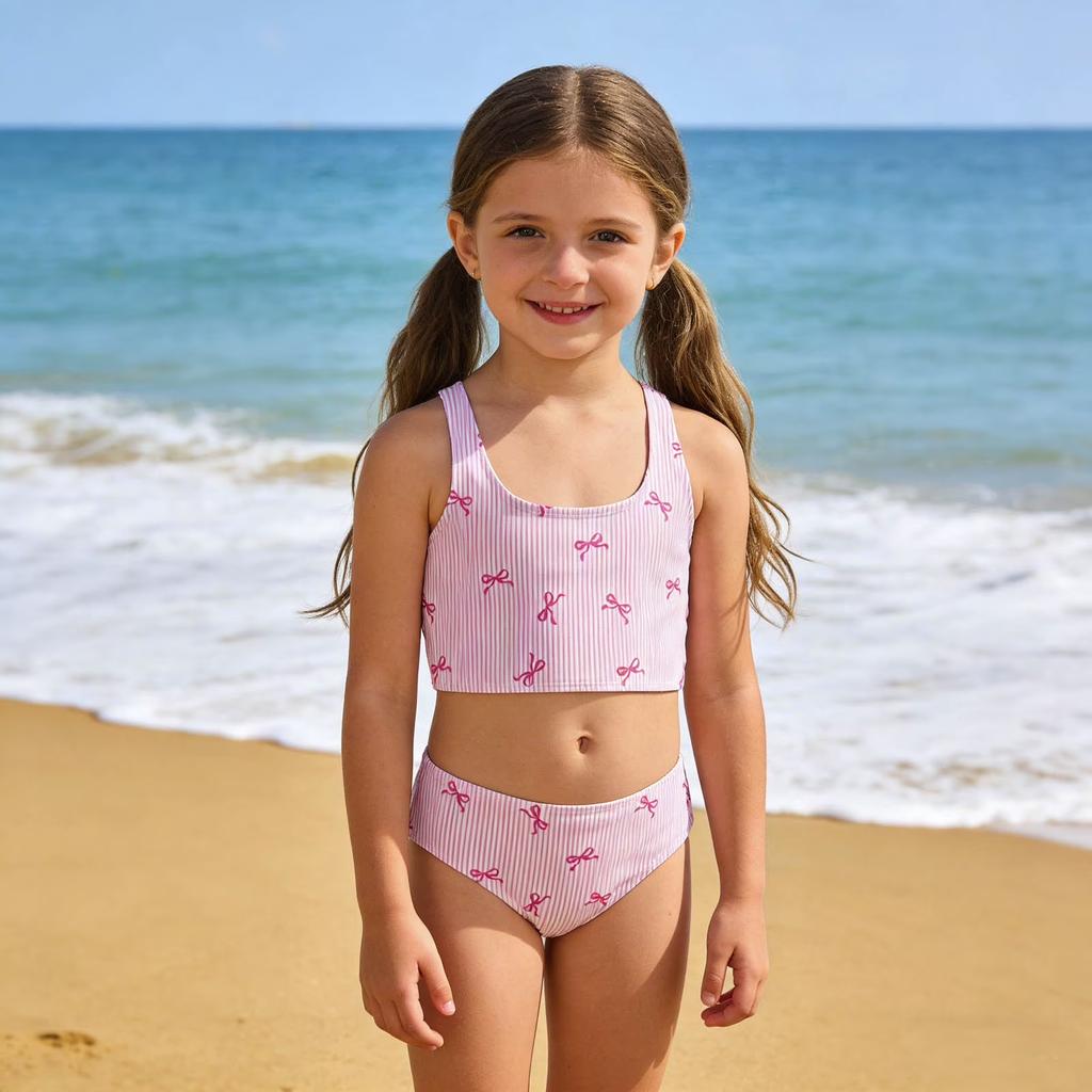 Girls Two Piece Swimsuit Tankini Set with Patterned Crop Top and Matching Bottoms for Swimming and Beach Activities