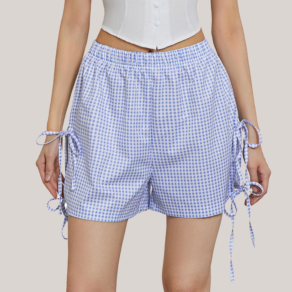 Dames Løse Casual Høy midje Sløyfe Elastisk midje Rutete Shorts Casual Shortss