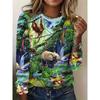 Fashion Women's Crew Neck Long Sleeve 3D Floral Color Printing Floral Long Sleeve Crew Neck T-Shirt
