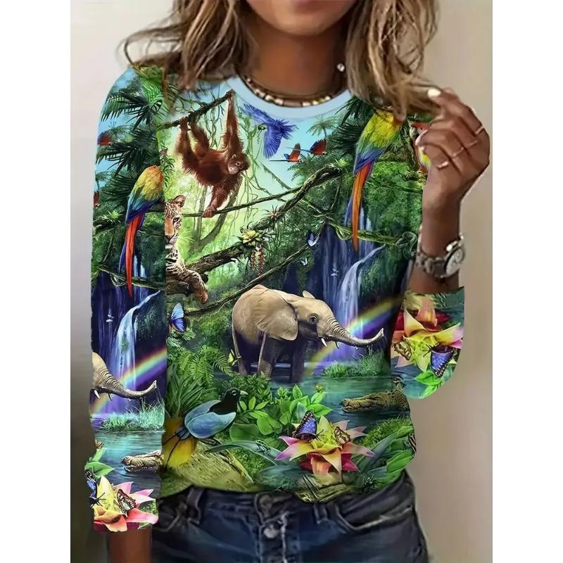 Fashion Women's Crew Neck Long Sleeve 3D Floral Color Printing Floral Long Sleeve Crew Neck T-Shirt