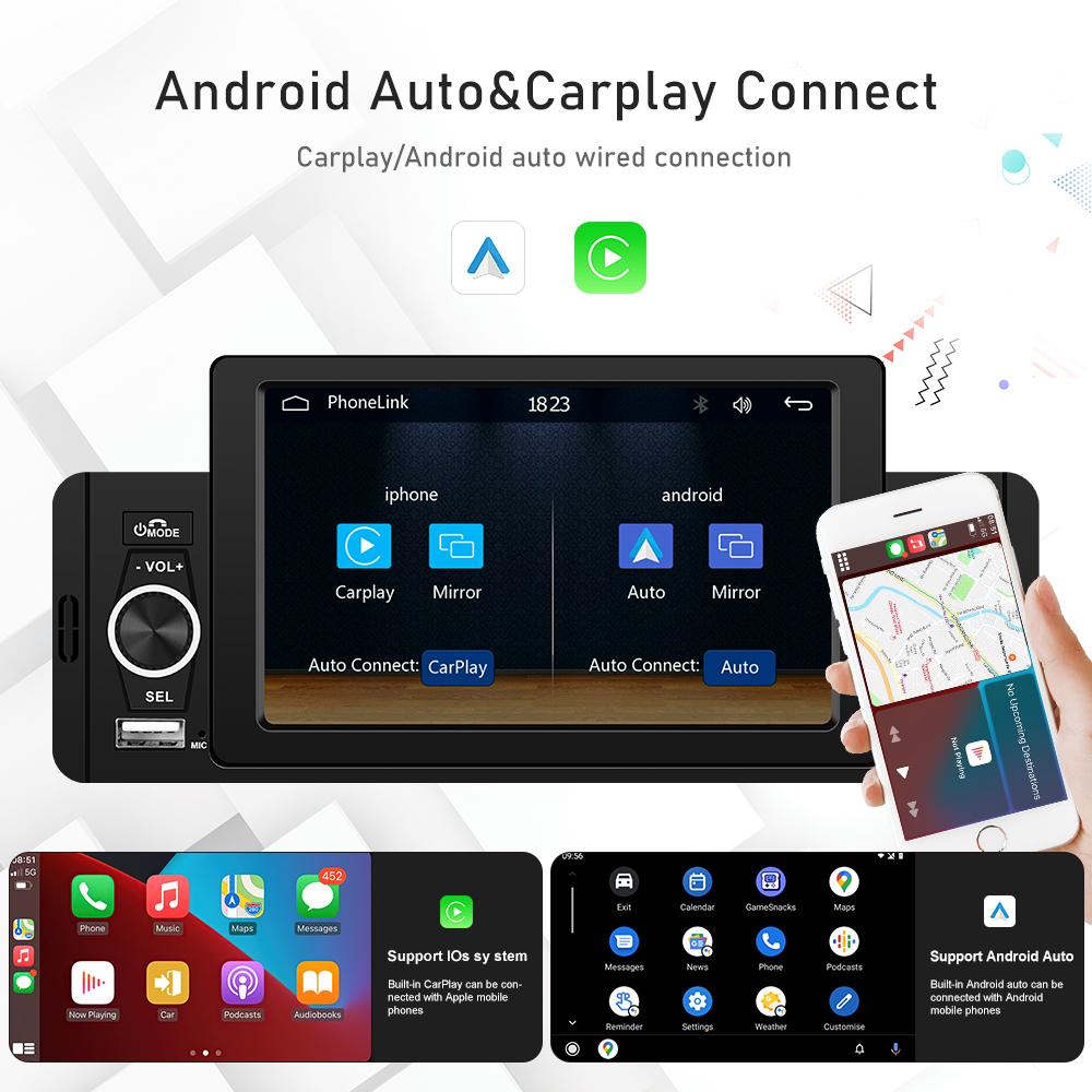 Car Radio 1 Din Universal CarPlay Android Auto Multimedia Player Bluetooth MirrorLink FM Receiver