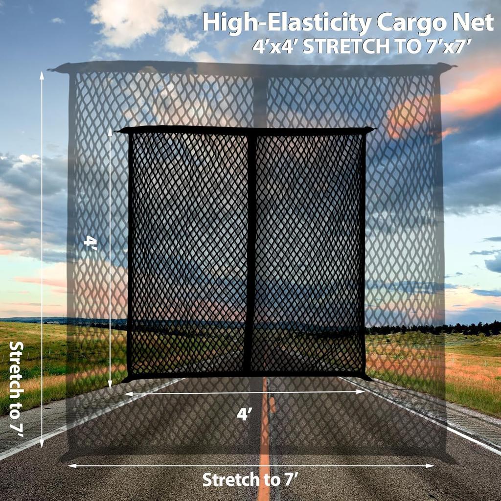Cargo Net For Pickup Truck Bed, Trucks Cargo Net Mesh Organizer, 4'X4' Stretch To 7'X7' Highly Elastic Truck Bed Net For Camping, Trip Luggage,
