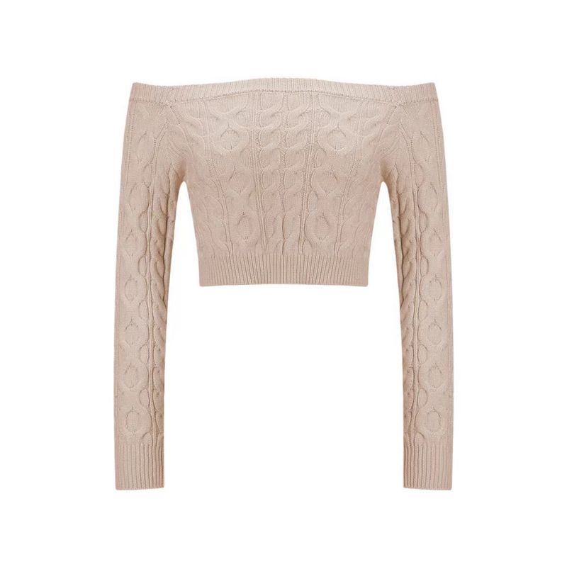 

Fashion Pure Color off-Neck Long Sleeves Knitting Sweater Short Tops Sexy One Line Neck Sweater Apricot color L