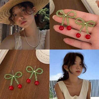 Women's Beaded Cherry Ribbon Crystal Earrings