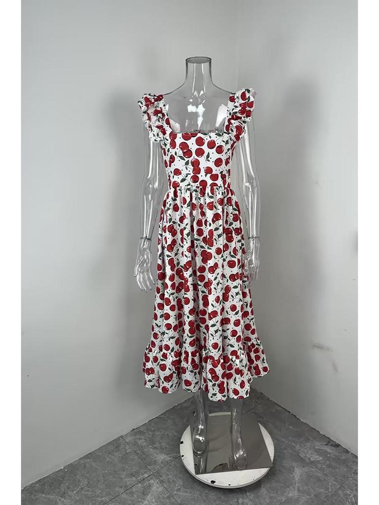 2026 Spring European American Style Women's Fashion Casual Printed Patchwork Ruffled Hem Dress