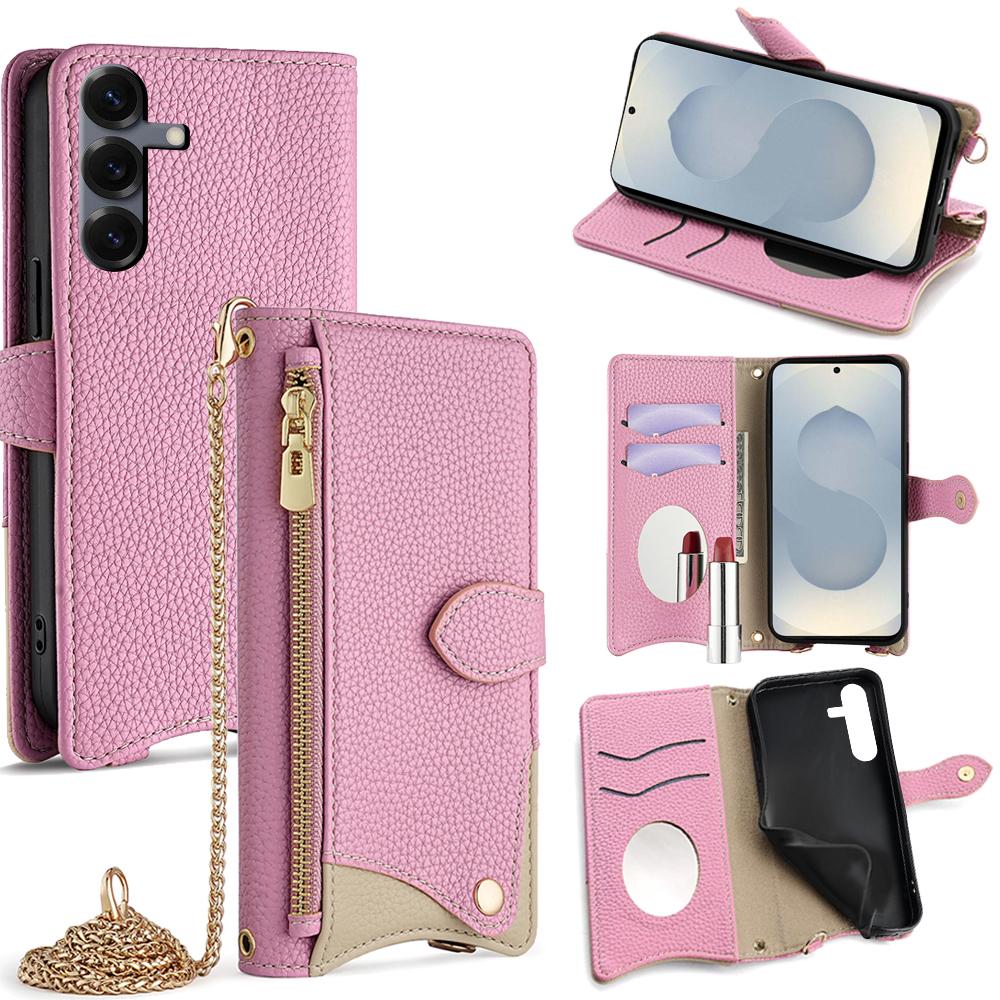 

For Samsung Galaxy S25 Wallet Case Fishtail Design Leather Phone Cover with Mirror/Stand/Strap Pink