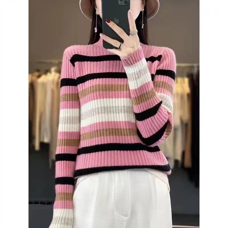 Autumn and winter new semi-turtleneck striped knitted sweater pullover female slim slim slim bottom women's sweater striped
