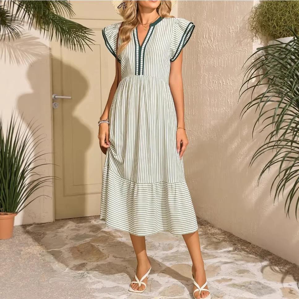 Europäischer & Amerikanischer Stil Damen Gestreiftes V-Ausschnitt Kurzarm Langes Kleid (2026)