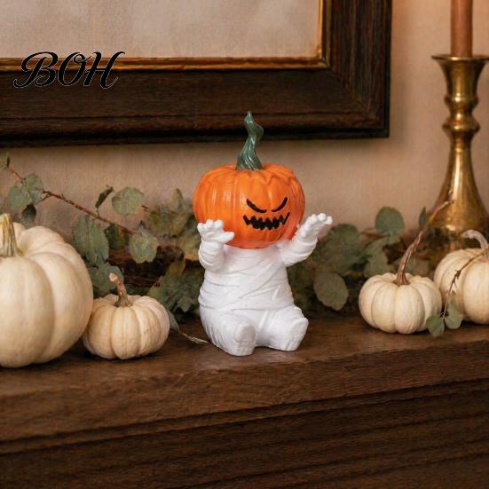 Holiday Gift for Friends Pumpkin Head Mummy Statue, Funny Halloween Decorations, Cute Sitting Desktop Resin Figurines Figurine Shelf Sitter