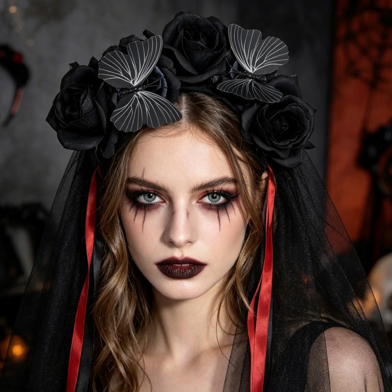 Handmade Floral Headband With Rose Blooms Black Veil Wings Ribbon Halloween Party Festival Costume Accessory Women