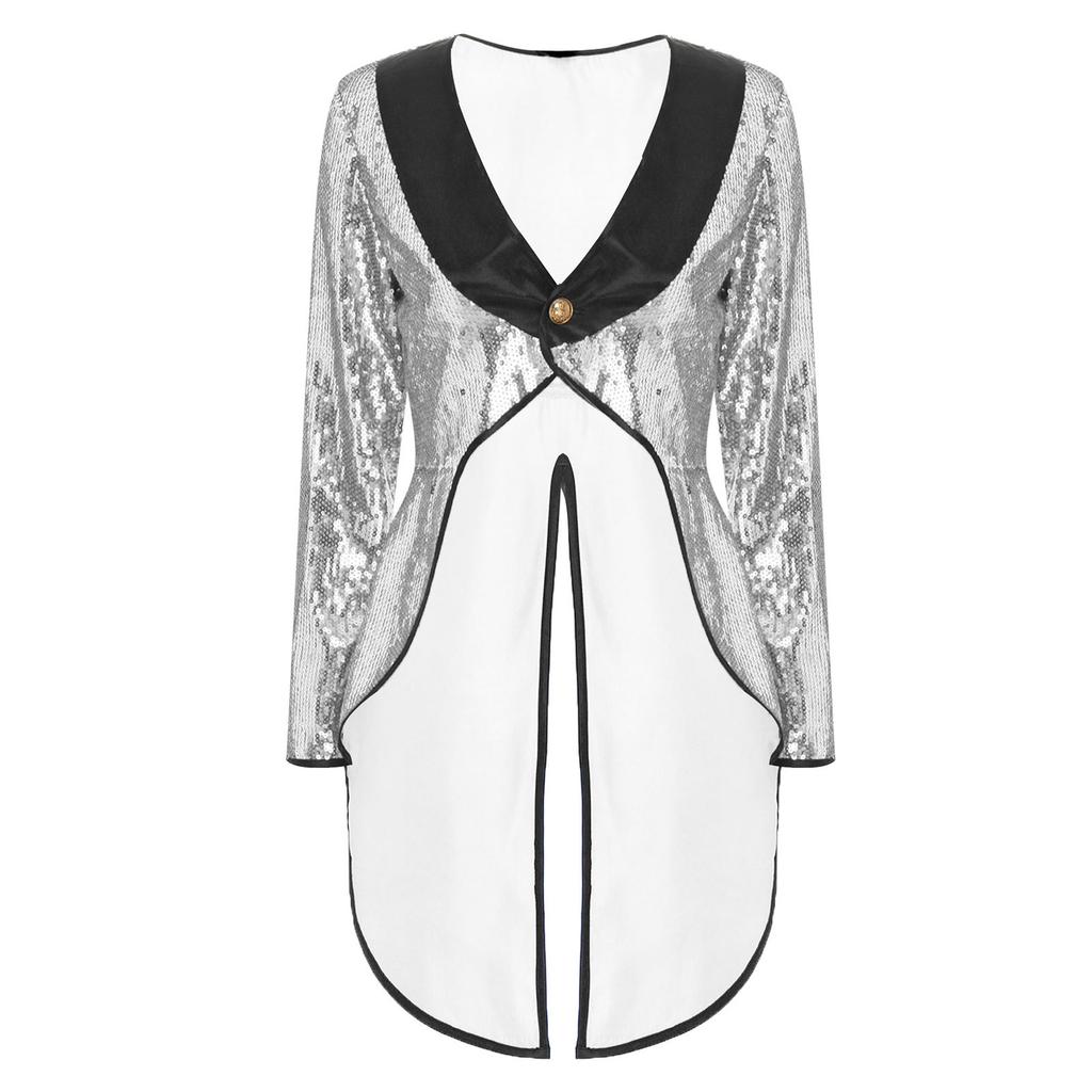 Womens Halloween Magician Dress Circus Tailcoat Jacket Sparkle Sequin Tuxedo Outerwear