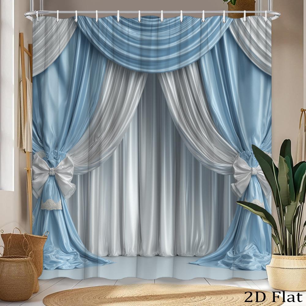Elegant Blue And White Drapes With Bow Design Shower Curtain Machine Washable All Season Waterproof Privacy Protection 12 Hooks