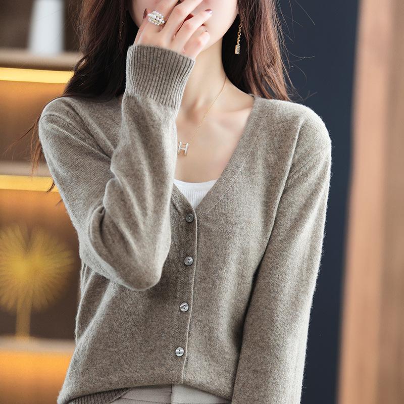 Autumn Winter Casual Fashion Solid Color V-neck Cardigan Coat Women All-match Bottomed Knitting Top
