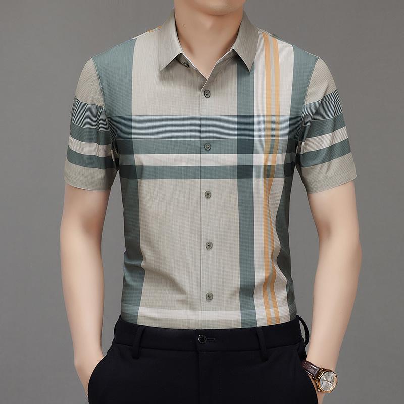 

Men s Seamless Ice Feeling Non-Iron Striped Short Sleeve Shirt XXL хакі