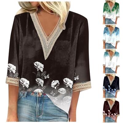 Women's Shirt Blouse Casual Loose Shirts 3/4 Sleeve Lace Trims Print V Neck Tops Print Tops T-shirts Tee