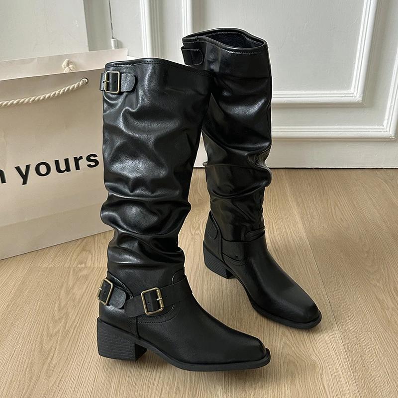 Autumn Winter Pointed Toe Pleated Women Knee High Boots Square Heels Long Booties Zapatos De Mujer
