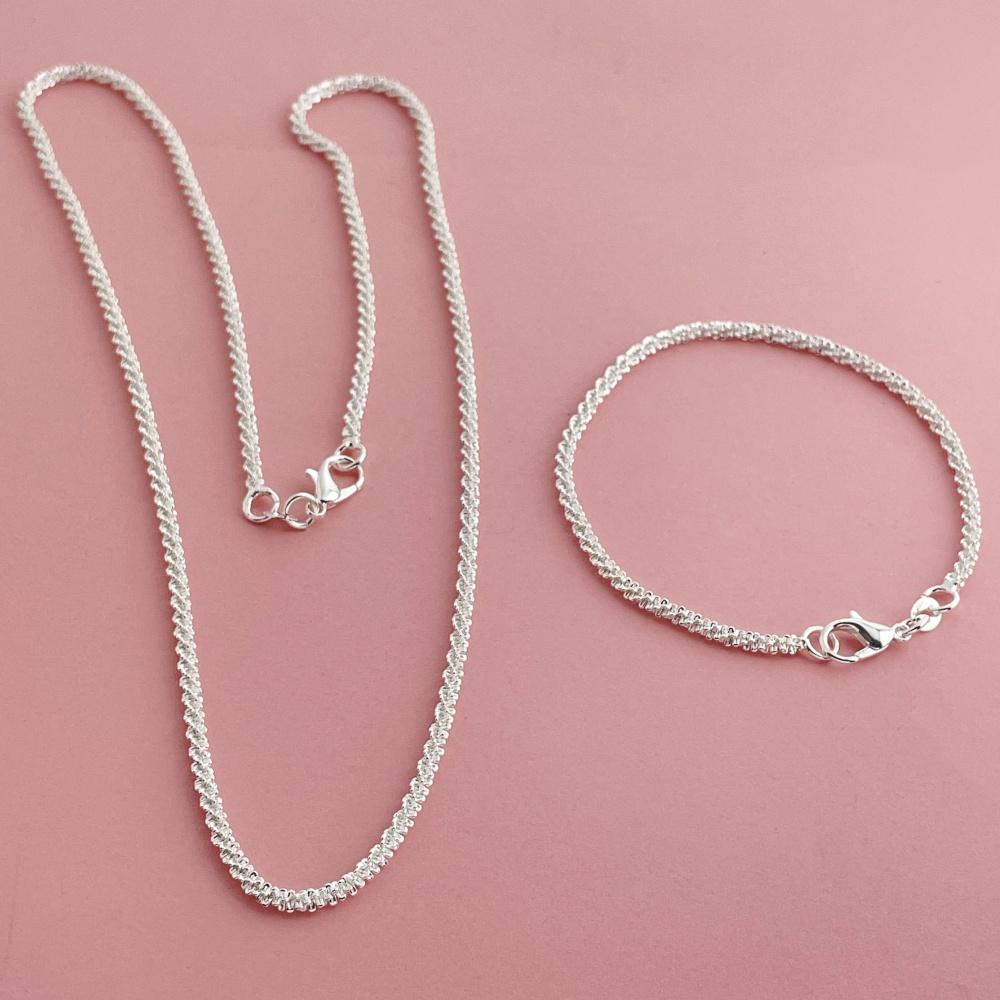 925 Silver 2mm Side Chain Necklace Set 7.5-32 Inch for Women Men Fashion Wedding Jewelry
