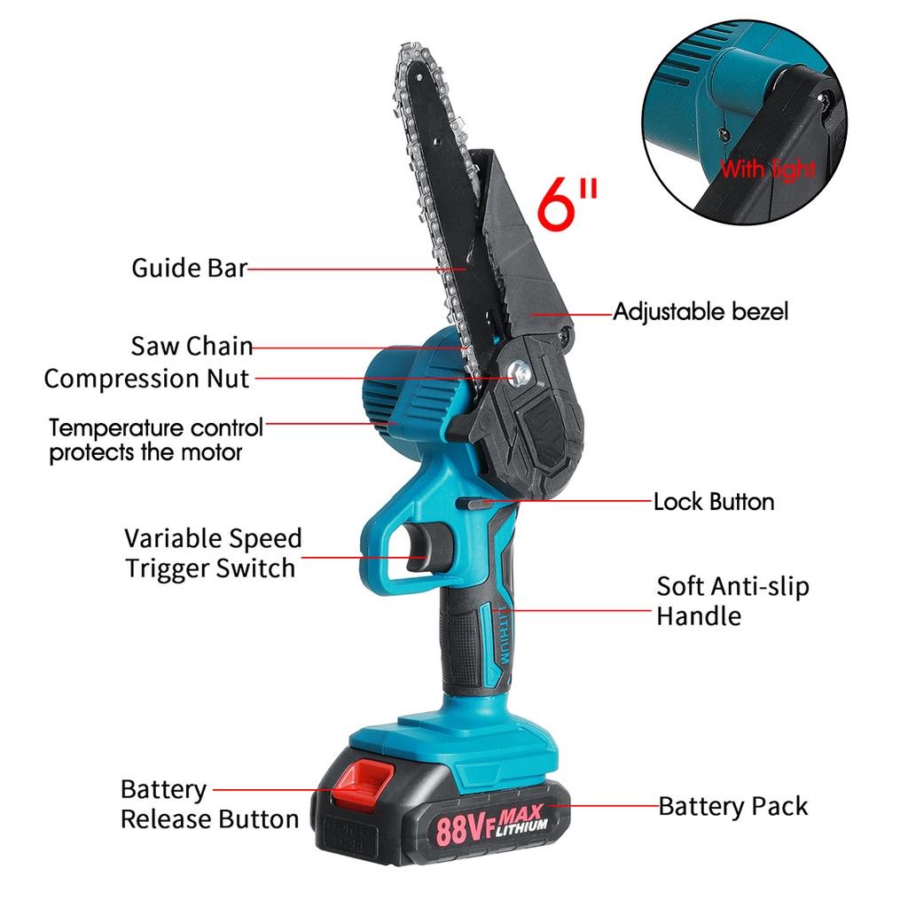 6 Inch 88VF 3500W Mini Electric Chain Saw With Battery Indicator Rechargeable Garden Pruning Saw Woodworking Tool For Makita 18V Battery