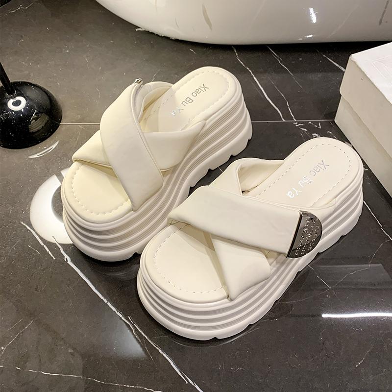 Fashion Summer Chunky Sandals Women's Thick Bottom Wedge Heels Slides 8CM High Heels Platform Leather Casual Beach Flip Flops Woman