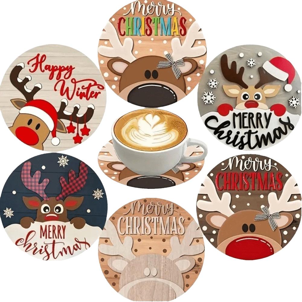 6pcs Snowman Santa Claus Coaster Wooden Coffee Cup Mat Christmas Drink Coaster  Christmas Party