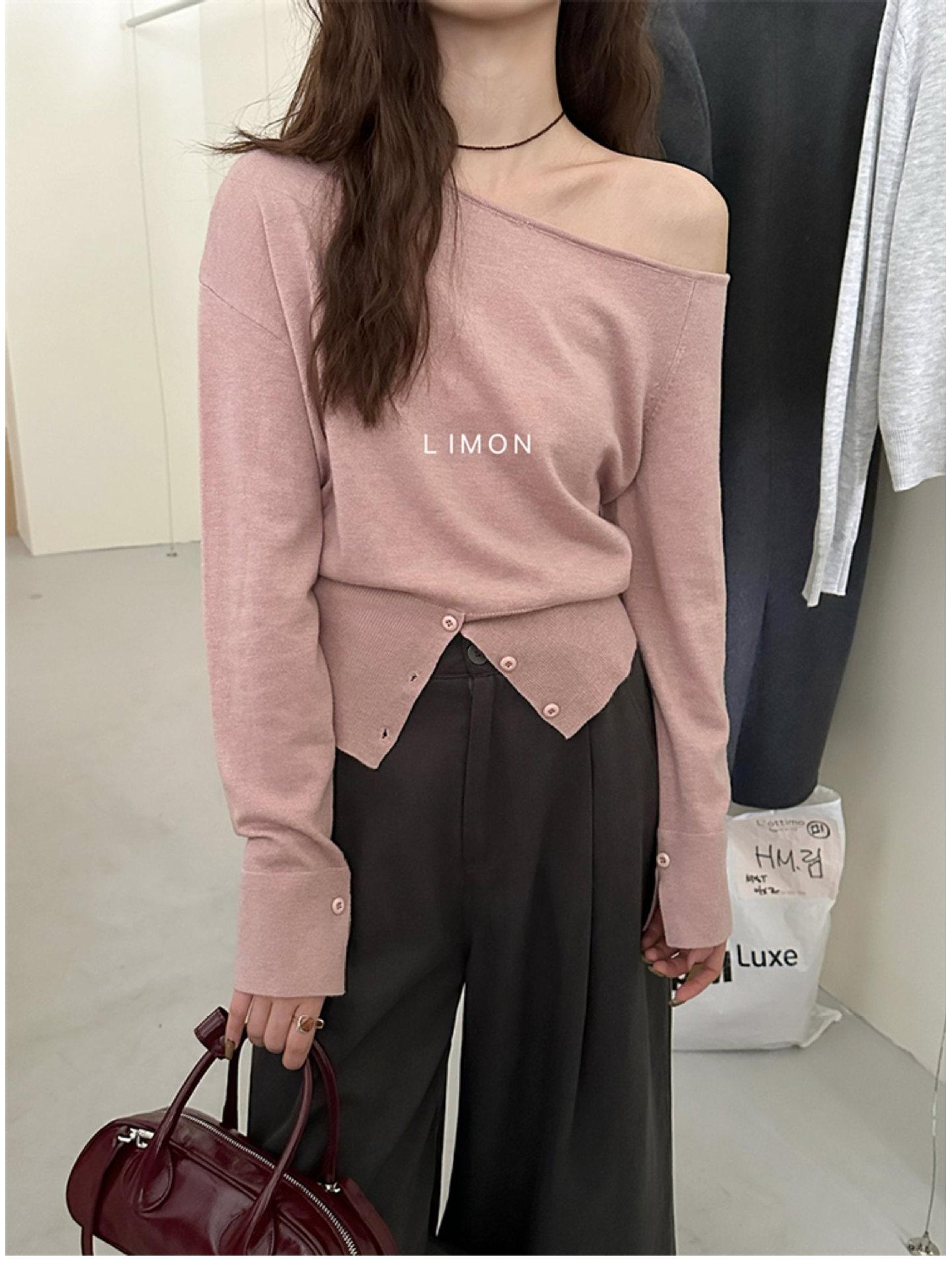 

Irregular Slanted Shoulder Knitted Top - Women s Long Sleeve French Style for Spring & Autumn 2025 розовый