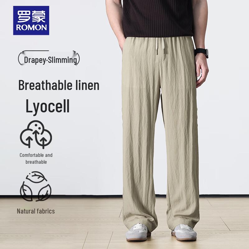 ROMON Men s Summer Quick-Dry Tencel Linen Breathable Casual Pants XL