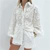 Women's 2 Piece Set White Jacquard Casual Puff Sleeve Shirt + Shorts Outfit European American Crossborder Fashion