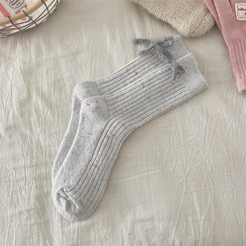 Dotted Yarn Wool Bow Woolen Socks Thickened Warm Solid Color Mid-Tube Cashmere Stack Socks