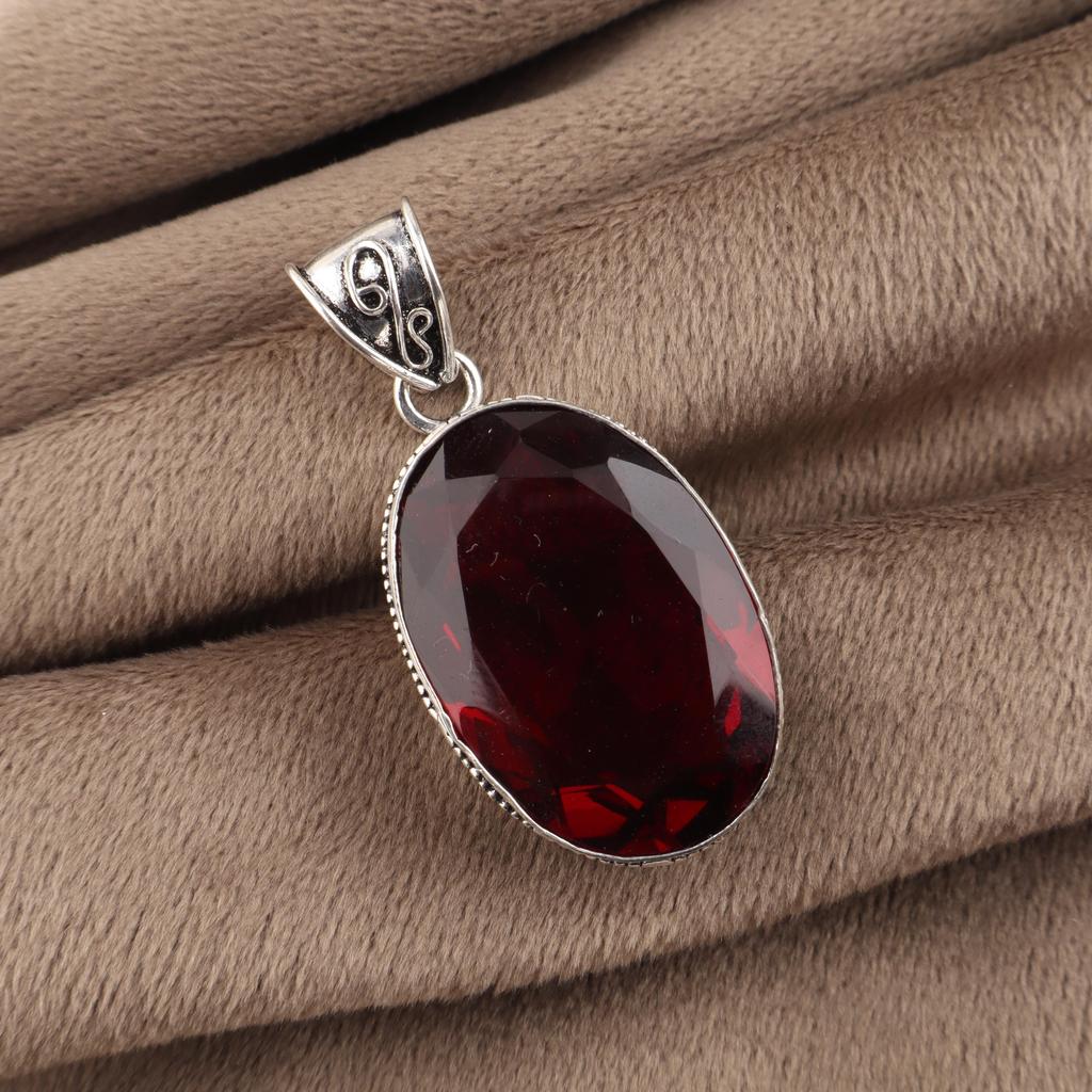 Mozambique Garnet Gemstone Silver Pendant 1.8" , 925 Sterling Silver Handmade Vintage Pendant For Women PP-71-3