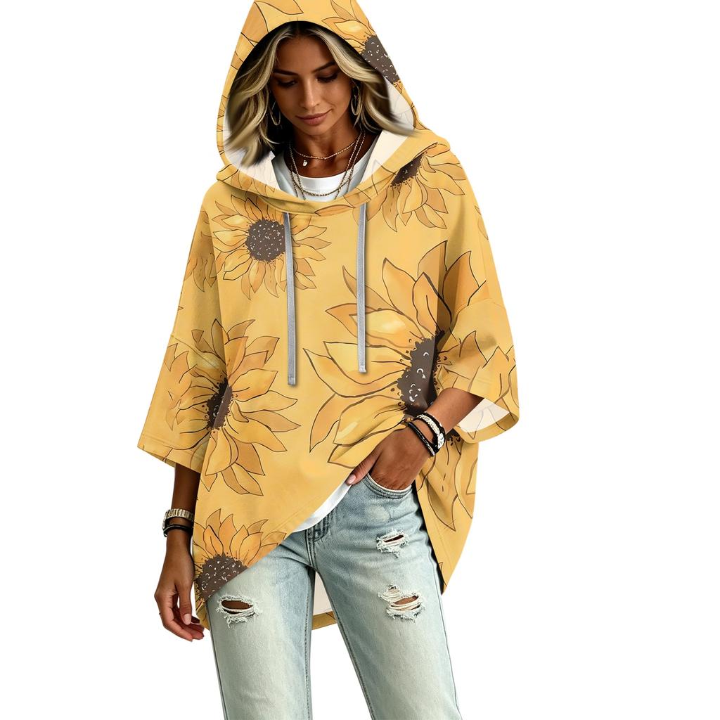 Women's Vintage Floral Print Hooded Pullover Top with Three-Quarter Sleeves for Casual Daily Wear
