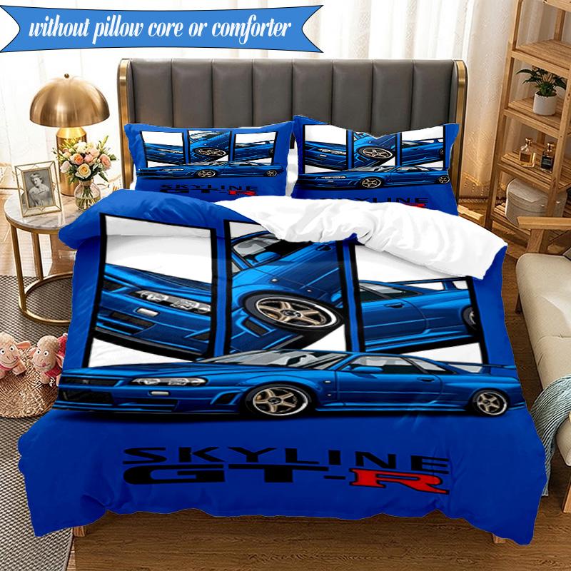 3PCS Skyline Blue Racing Spirit Speed Style Bedding Set 2D Printing (Includes 1 Duvet Cover + 2 Pillowcases Coreless), Bedroom decor,Fan gift
