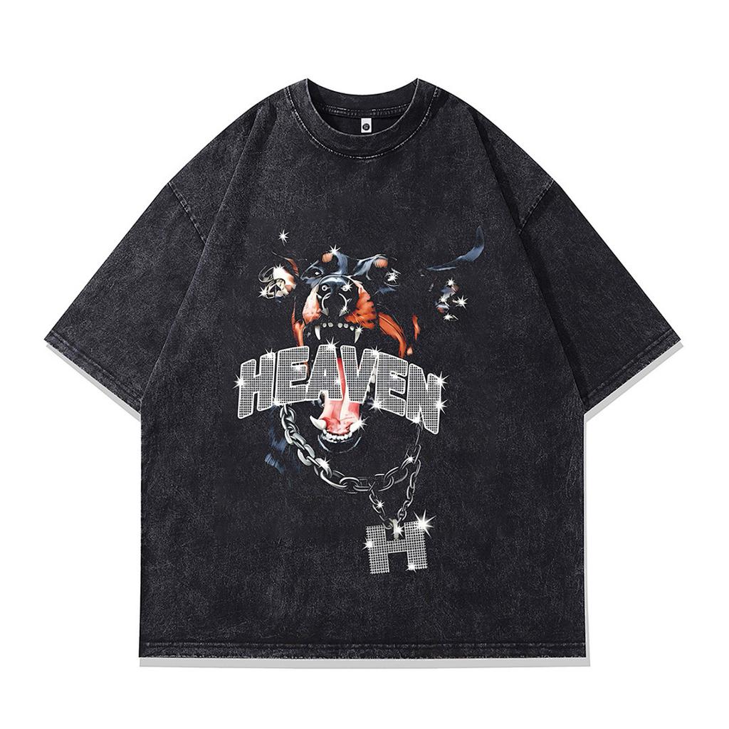 Summer Men'S Trendy Brand Short-Sleeved T-Shirt American High Street Vintage Doberman Print Fried Color T-Shirt