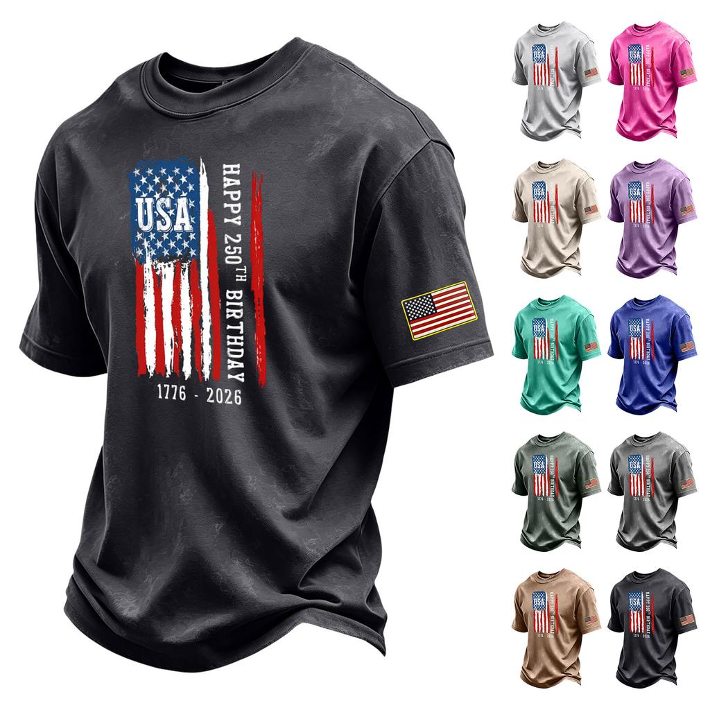 Men's Vintage Washed Crew Neck Short Sleeve T-Shirt with USA Flag Graphic and 250th Birthday Print Casual Cotton Tee